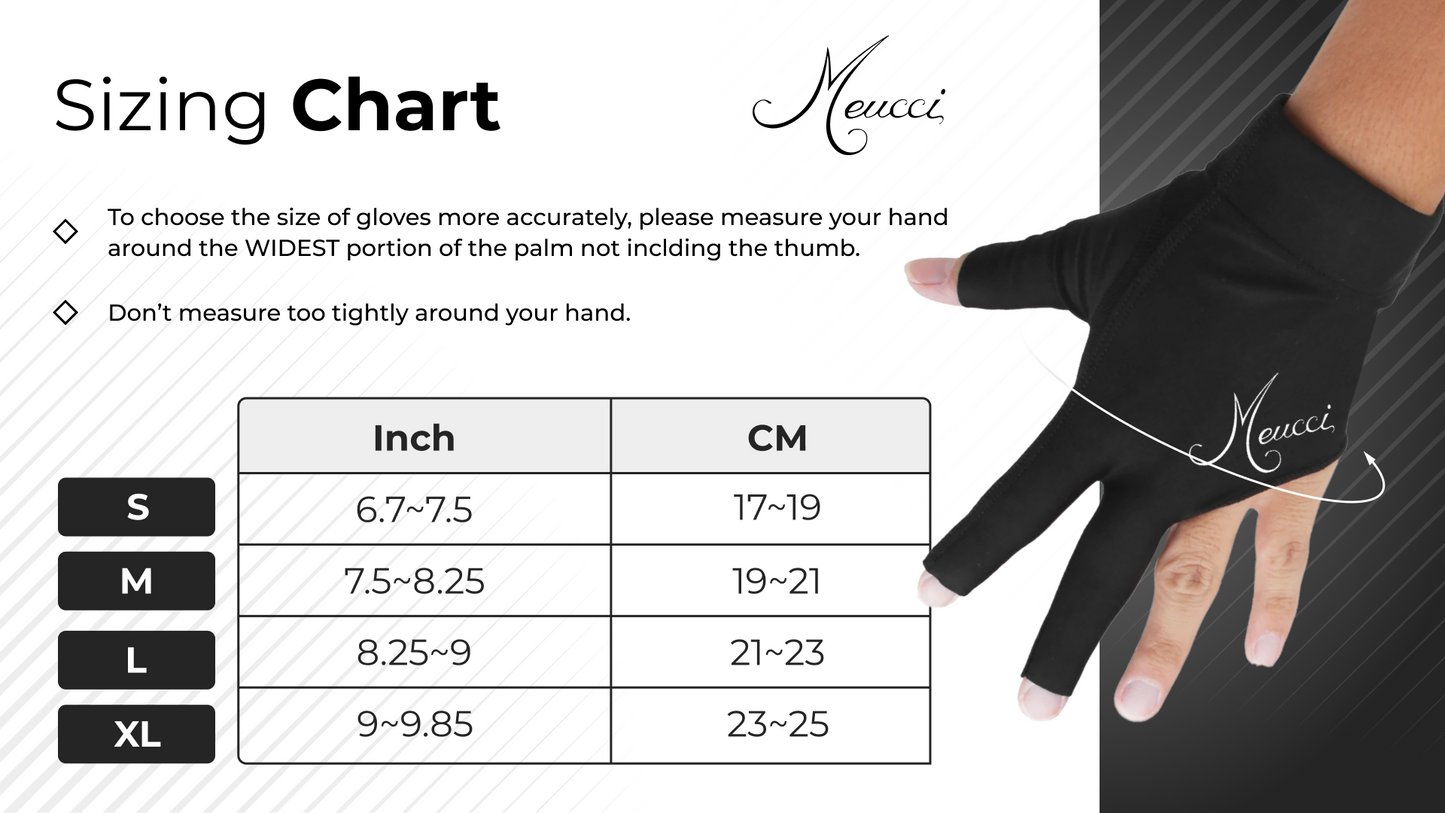 Meucci EliteStroke Glove Sizing Chart. Small - 6.7"-7.5" Medium - 7.5"-8.25" Large - 8.25"-9" XL - 9"-9.85"